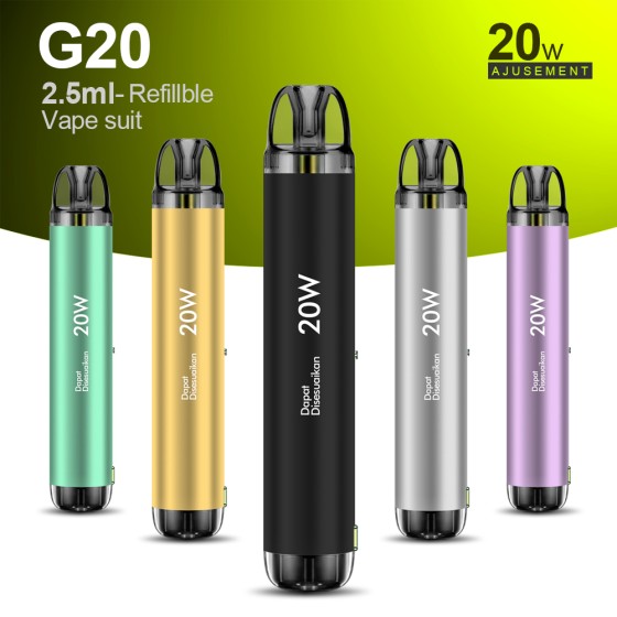 G20 penyesuaian daya perangkat Vape diisi ulang 2,5ml Cartridge dengan 5 warna